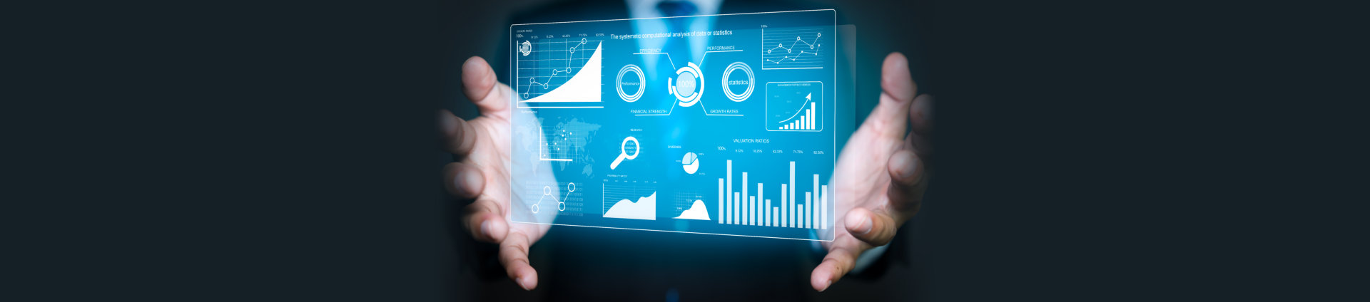 A chart and graph icons on a digital screen interface